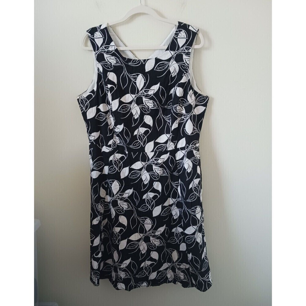 Yessica C&A Dress Linen Blend Sleeveless Knee Length Floral Black White 16‎